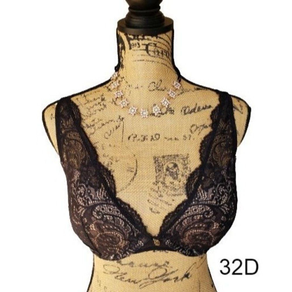 Women's Bra 32D Lace Plunge Double Push up Black Bra